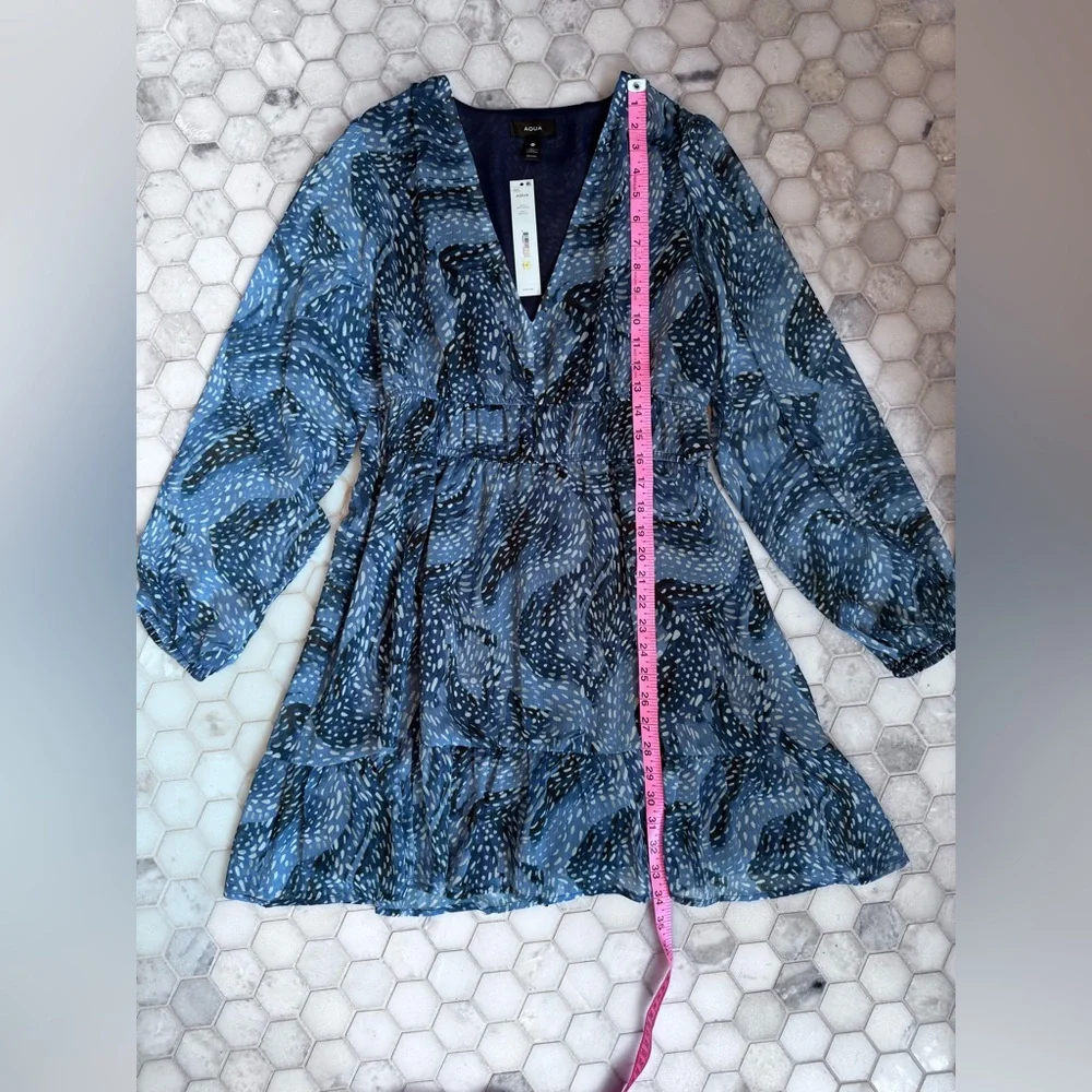 AQUA Blue Multi Print Long Sleeve Tiered Mini Dress Size M NWT - Picture 6 of 10